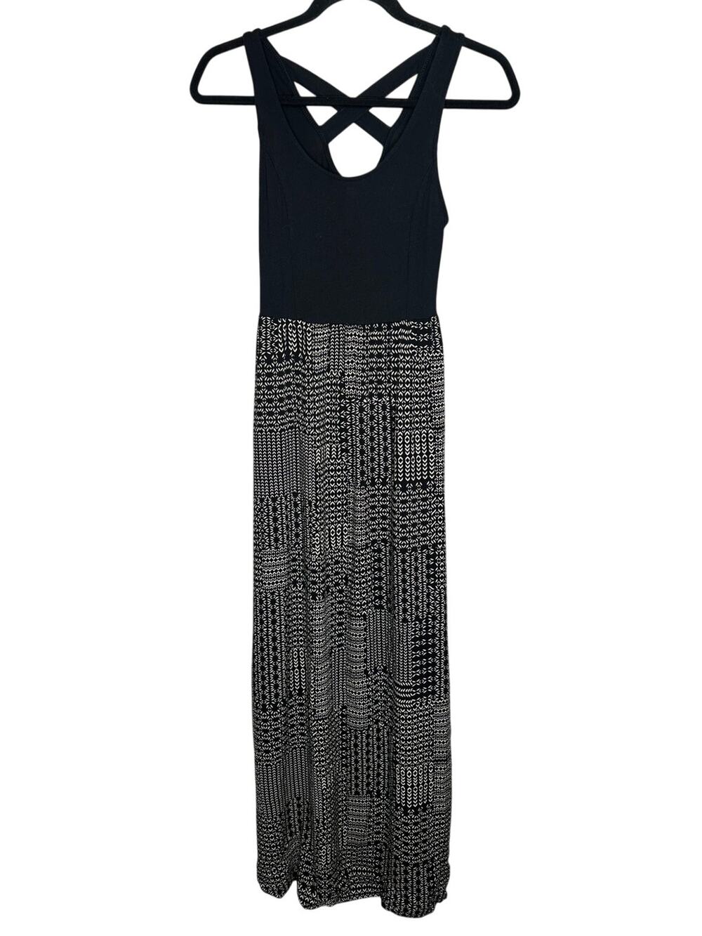 VTG Mudd Maxi Dress Womens XS Black Cream Aztec Geometric Knit Cross Strap Y2K